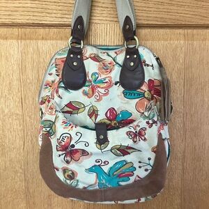 Lucky Brand Large Butterfly Canvas & Suede Tote Shoulder Bag Satchel Purse